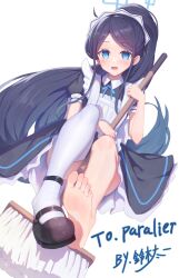 Rule 34 | 1girl, absurdres, aris (blue archive), aris (maid) (blue archive), barefoot, black hair, blue archive, blue eyes, blush, broom, feet, highres, long hair, looking at viewer, maid, mary janes, open mouth, ponytail, shoes, single shoe, single thighhigh, soles, thighhighs, toes