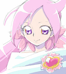 Rule 34 | 10s, 1girl, brooch, eyelashes, heartcatch precure!, jewelry, mugen silhouette, multicolored eyes, owarine miku, pink eyes, pink hair, precure, profile, purple eyes, simple background, smile, solo, twintails, white background, yellow eyes