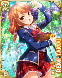 Rule 34 | 1girl, :o, blazer, blue jacket, bow, bowl, bowtie, brown eyes, brown hair, card (medium), day, eating, food, fruit, girlfriend (kari), grapes, holding, jacket, looking at viewer, low twintails, official art, open clothes, open jacket, open mouth, outdoors, plaid, plaid skirt, pleated skirt, qp:flapper, red bow, red skirt, school uniform, shirt, skirt, socks, solo, standing, table, tagme, tamai remi, twintails, white shirt