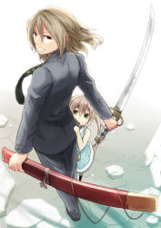 Rule 34 | 1boy, 1girl, blonde hair, child, clothes grab, dress, formal, from above, green eyes, hair between eyes, haruken, hiding, holding, holding sword, holding weapon, katana, necktie, original, peeking out, red eyes, scabbard, sheath, short hair, size difference, standing, suit, sword, twintails, weapon