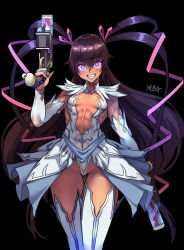 Rule 34 | 1girl, action taimanin, alternate color, black background, blue eyes, boots, breasts, brown hair, center opening, cleavage cutout, clothing cutout, commentary request, covered erect nipples, covered navel, cowboy shot, curvy, detached sleeves, dual wielding, glowing, glowing eyes, gun, heart, highres, holding, holding gun, holding weapon, impossible clothes, impossible leotard, leotard, long hair, looking at viewer, mizuki yukikaze, official alternate costume, ryuusei (mark ii), signature, skirt, small breasts, solo, taimanin (series), taimanin suit, taimanin yukikaze, tan, teeth, thigh boots, twintails, veins, very long hair, weapon, wide hips