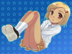 Rule 34 | 1girl, :o, abstract background, angol mois, blonde hair, blue background, brown eyes, brown skirt, dark-skinned female, dark skin, full body, hair ornament, hairclip, keroro gunsou, leaning back, long sleeves, looking at viewer, otoutogimi, parted lips, plaid, plaid skirt, pleated skirt, shirt, shoe soles, shoes, simple background, sitting, skirt, socks, solo, star (symbol), upskirt, white shirt