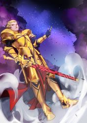 Rule 34 | 1boy, absurdres, armor, blonde hair, cloud, dutch angle, ea (fate/stay night), earrings, fate/stay night, fate (series), full armor, full body, gilgamesh (fate), gold armor, gouichi, hair up, highres, jewelry, male focus, red eyes, sky, smoke, solo, standing, star (sky), starry sky, sword, weapon