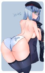 Rule 34 | 1girl, ass, beret, blue background, blush, breasts, character name, covering privates, covering breasts, cowboy shot, facing away, frown, german flag, girls&#039; frontline, green eyes, hat, highres, hk416 (girls&#039; frontline), jacket, unworn jacket, large breasts, long hair, long sleeves, looking at viewer, looking back, panties, shoulder blades, silver hair, solo, thighhighs, underwear, white panties