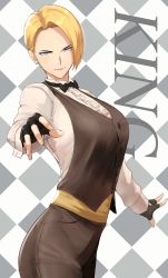 Rule 34 | 1girl, alternate color, anagumasan, black gloves, blonde hair, blue eyes, bow, bowtie, breasts, character name, checkered background, earrings, fingerless gloves, formal, gloves, highres, jewelry, king (snk), large breasts, ryuuko no ken, serious, short hair, smirk, snk, solo, tagme, the king of fighters, vest