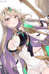 Rule 34 | 1girl, armor, blonde hair, blush, breasts, chest jewel, cleavage, cleavage cutout, closed mouth, clothing cutout, dress, earrings, elbow gloves, faulds, gem, gloves, highres, jewelry, large breasts, long hair, looking at viewer, mythra (xenoblade), nino (shira), nintendo, shoulder armor, simple background, smile, swept bangs, sword, tiara, weapon, white background, white dress, white gloves, xenoblade chronicles (series), xenoblade chronicles 2, yellow eyes