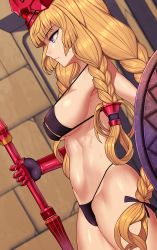 Rule 34 | 1girl, athena (granblue fantasy), bikini, black ribbon, blonde hair, braid, breasts, closed eyes, gauntlets, granblue fantasy, hair ribbon, holding, holding polearm, holding weapon, large breasts, long hair, nt00, polearm, profile, purple eyes, ribbon, shield, solo, standing, swimsuit, third-party edit, twin braids, very long hair, weapon