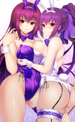 Rule 34 | 2girls, animal ears, ass, bare shoulders, blush, bow, bowtie, grabbing another&#039;s breast, breast press, breasts, bridal garter, cleavage, closed mouth, detached collar, dual persona, emanon123, fake animal ears, fate/grand order, fate (series), female focus, fishnet legwear, fishnets, flower, grabbing, gradient background, hair ribbon, hairband, highleg, highleg leotard, large breasts, leotard, long hair, looking at viewer, multiple girls, official alternate costume, pantyhose, parted lips, playboy bunny, ponytail, purple hair, purple leotard, purple ribbon, rabbit ears, rabbit tail, red eyes, ribbon, rose, scathach (fate), scathach (piercing bunny) (fate), scathach skadi (fate), smile, tail, thighs, white leotard, wrist cuffs