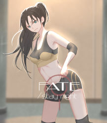 Rule 34 | 1girl, aged up, alternate hairstyle, bad id, bad pixiv id, bike shorts, black hair, blue eyes, copyright name, elbow pads, fate/stay night, fate (series), highres, long hair, mizu (dl7613), navel, official alternate costume, ponytail, serious, short shorts, shorts, side ponytail, sketch, skin tight, solo, solo focus, sports bra, sportswear, timeskip, tohsaka rin, two-tone sports bra