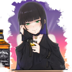 Rule 34 | 1girl, alcohol, black hair, black nails, bocchi the rock!, chin piercing, colored inner hair, drink, green eyes, highres, jack daniel&#039;s, m xy, multicolored hair, nail polish, pa-san, piercing, purple hair, smile, solo, upper body