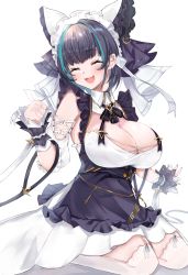 Rule 34 | 1girl, :d, ^ ^, azur lane, black hair, blue hair, blue nails, blush, breasts, cheshire (azur lane), cleavage, closed eyes, earrings, garter straps, highres, jewelry, kneeling, large breasts, maid headdress, multicolored hair, nail polish, nemun (tamizzz), open mouth, simple background, smile, solo, streaked hair, thighhighs, white background, white thighhighs