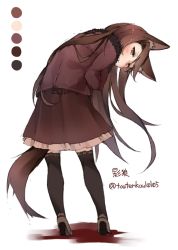 Rule 34 | 1girl, alternate costume, animal ears, bent over, black thighhighs, blush, brown hair, coat, color guide, contemporary, from behind, full body, high heels, imaizumi kagerou, long hair, long sleeves, looking at viewer, looking back, simple background, skirt, solo, tail, thighhighs, touhou, toutenkou, twitter username, white background, wolf ears, wolf tail, zettai ryouiki