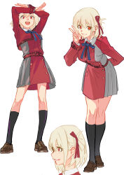 Rule 34 | 1girl, arm behind back, arms up, black socks, blonde hair, blue ribbon, breasts, brown footwear, collared shirt, commentary request, dress, grin, hair ornament, hand up, highres, kneehighs, loafers, long sleeves, looking at viewer, lycoris recoil, lycoris uniform, medium breasts, multiple views, neck ribbon, nishikigi chisato, open mouth, red dress, red eyes, ribbon, shirt, shoes, short hair, shuigao1119, smile, socks, v, white shirt