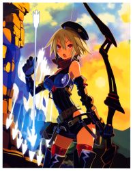 Rule 34 | 1girl, :o, absurdres, armor, arrow (projectile), bare shoulders, belt, beret, black gloves, blonde hair, boots, bow (weapon), elbow gloves, gauntlets, gloves, harada takehito, hat, highres, huge filesize, kaku-san-sei million arthur, million arthur (series), open mouth, red eyes, red thighhighs, scan, short hair, short shorts, shorts, solo, thigh boots, thighhighs, weapon