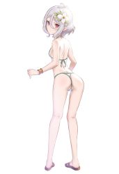 Rule 34 | 1girl, :o, antenna hair, ass, back, bikini, breasts, flower, from behind, hair between eyes, hair flower, hair ornament, highres, kneepits, kokkoro (princess connect!), looking at viewer, micro bikini, pointy ears, princess connect!, purple eyes, short hair, silver hair, simple background, slippers, small breasts, solo, standing, string bikini, swimsuit, thong bikini, white background, white flower, zouni (xavier)