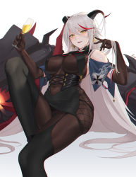 Rule 34 | 1girl, aegir (azur lane), alcohol, azur lane, black gloves, black thighhighs, blush, bodysuit, breasts, champagne, champagne flute, commentary request, covered navel, cup, drinking glass, earrings, elbow gloves, garter straps, gloves, hands up, highres, horns, jewelry, kojo (0124), large breasts, long hair, looking at viewer, multicolored hair, parted lips, red hair, resolution mismatch, revision, silver hair, smile, solo, source smaller, streaked hair, thighhighs, thighs, white background, yellow eyes