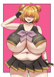 Rule 34 | 1girl, ahoge, areola slip, bare shoulders, belly, blonde hair, breasts, cleavage, codeorange162, dot nose, e9 (valkyrie drive), eye covering, fat, hair over eyes, heart, heart print, hidden eyes, highres, huge breasts, large areolae, long bangs, looking at viewer, miniskirt, navel, open mouth, orange hair, pink background, plump, salute, skirt, smile, solo, standing, thick thighs, thighs, twintails, underboob, valkyrie drive, valkyrie drive -mermaid-, wide hips