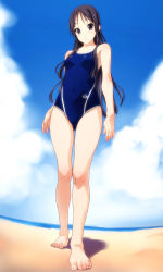 Rule 34 | 1girl, akiyama mio, barefoot, beach, black eyes, black hair, competition school swimsuit, competition swimsuit, day, feet, foreshortening, from below, full body, hair down, happy, highres, k-on!, long hair, norizou type-r, one-piece swimsuit, outdoors, perspective, school swimsuit, grey eyes, solo, standing, swimsuit, toes