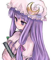 Rule 34 | 1girl, book, bow, crescent, female focus, from side, hair bow, hat, homura subaru, long hair, lowres, mob cap, patchouli knowledge, purple eyes, purple hair, solo, touhou, upper body, white background