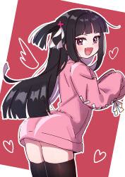 Rule 34 | 1girl, :d, absurdres, ao (flowerclasse), ass, black hair, blush, bocchi the rock!, commentary request, fang, from behind, hair ribbon, heart, highres, long hair, long sleeves, looking at viewer, looking back, one side up, open mouth, pink shirt, puffy long sleeves, puffy sleeves, purple eyes, red background, ribbon, satou aiko, shirt, sleeves past fingers, sleeves past wrists, smile, solo, two-tone background, very long hair, white background, white ribbon