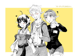 Rule 34 | 1boy, 2girls, belt, blush, breasts, cape, chisato madison, closed eyes, closed mouth, crescent, crescent hair ornament, earrings, gloves, greyscale, hair ornament, hikick bath, jewelry, looking at viewer, monochrome, multiple girls, noel chandler, open mouth, pointy ears, rena lanford, short hair, skirt, smile, star ocean, star ocean the second story, sweat, v