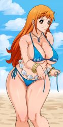 Rule 34 | 1girl, bad anatomy, bikini, blue bikini, breasts, cleavage, curvy, highres, jewelry, large breasts, long hair, looking at viewer, midriff, nami (one piece), navel, necklace, one piece, pinkpawg, shiny skin, sky, smile, solo, swimsuit, thong, thong bikini, undressing, wide hips