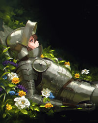 Rule 34 | 1girl, armor, black background, blue flower, blurry, breastplate, brown hair, commentary request, female knight, flower, from side, full armor, gauntlets, gradient background, green background, helm, helmet, highres, jiro (ninetysix), knight, looking up, lying, on back, original, plate armor, profile, solo, twitter username, upper body, visor (armor), water, white flower