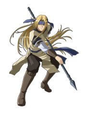Rule 34 | 1boy, blonde hair, boots, brown eyes, full body, headband, highres, hoshigami, leimrey, long hair, male focus, polearm, simple background, solo, spear, takamichi, weapon, white background