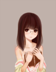 Rule 34 | 1girl, bad id, bad pixiv id, bare shoulders, book, breasts, brown eyes, brown hair, clothes pull, collarbone, covering privates, covering breasts, face, glasses, grey background, hand on own chest, letta, long hair, looking at viewer, minakami mai, nichijou, open book, open clothes, school uniform, shirt pull, simple background, solo, tokisadame school uniform