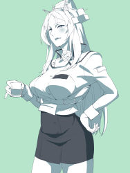 Rule 34 | 1girl, ascot, breasts, commentary request, cowboy shot, cup, drinking glass, flower, green background, greyscale, greyscale with colored background, headgear, highres, kantai collection, large breasts, lips, long sleeves, military, military uniform, monochrome, nelson (kancolle), pencil skirt, rose, shingyou (alexander-13), shot glass, simple background, skirt, solo, spot color, unfinished, uniform