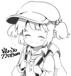 Rule 34 | 1girl, backpack, bag, cactas7, closed eyes, closed mouth, commentary, facing viewer, flat cap, greyscale, hair bobbles, hair ornament, hat, highres, kawashiro nitori, key, monochrome, short hair, simple background, smile, solo, touhou, two side up, upper body