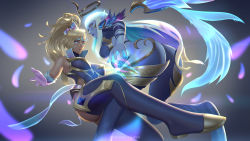 Rule 34 | 2girls, absurdres, alternate costume, alternate hair color, artist name, ass, blonde hair, blue eyes, breasts, colored skin, ekikon, facial mark, grey background, hair ornament, halo, high ponytail, highres, league of legends, magic, medium breasts, multiple girls, nidalee, pointy ears, purple skin, sidelocks, simple background, soraka (league of legends), tan, tattoo, white hair, wings