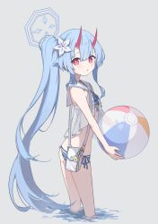 Rule 34 | 1girl, :o, bag, ball, beachball, bikini, blue archive, blue hair, blue sailor collar, blunt bangs, chise (blue archive), chise (swimsuit) (blue archive), commentary, flower, fujimaki nora, grey background, hair between eyes, hair flower, hair ornament, halo, highres, holding, holding ball, horns, light blush, long hair, looking at viewer, oni horns, parted lips, red eyes, red horns, sailor collar, see-through, shoulder bag, side ponytail, simple background, solo, standing, striped bikini, striped clothes, swimsuit, very long hair, water, white bag