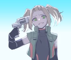 Rule 34 | black gloves, black shirt, blue background, brown hair, crazy smile, elbow gloves, finger on trigger, forehead, gloves, gradient background, green eyes, green jacket, gun, gun to head, holding, holding gun, holding weapon, jacket, looking at viewer, mizuki riko, open clothes, open jacket, shania (xenoblade), shirt, short sleeves, smile, spoilers, twintails, upper body, weapon, white background, xenoblade chronicles (series), xenoblade chronicles 3