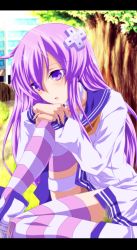 Rule 34 | 10s, 1girl, absurdres, building, choker, d-pad, hair ornament, highres, huge filesize, long hair, nepgear, neptune (series), planeptune, purple eyes, purple hair, sitting, solo, striped clothes, striped legwear, striped thighhighs, thighhighs, tree