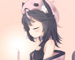 Rule 34 | 1girl, ahoge, animal ear fluff, animal ears, baigao, bare shoulders, black hair, blowing candle, blush, borrowed character, braid, candle, cat ears, cat girl, cat tail, closed eyes, hair strand, happy birthday, highres, medium hair, original, pink hair, pink headwear, portrait, profile, simple background, solo, tail, tail raised, thick eyebrows, upper body