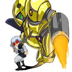 Rule 34 | 1boy, armor, blue dragon, bodysuit, fighting stance, fire, goggles, gundam, harry ord, jojo no kimyou na bouken, looking at viewer, machinery, male focus, mecha, parody, robot, shadow, simple background, stand (jojo), standing, sumo, sumo (mobile suit), turn a gundam, white background
