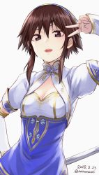 Rule 34 | 1girl, arm up, breasts, brown eyes, brown hair, chai xianghua, cleavage, dated, hair between eyes, holding, holding sword, holding weapon, looking at viewer, open mouth, short hair with long locks, simple background, small breasts, smile, solo, soul calibur, soulcalibur, soulcalibur vi, sword, tea (nakenashi), twitter username, v, weapon, white background