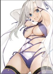 Rule 34 | 1girl, :d, armpits, arms behind head, bikini, blue eyes, border, bow swimsuit, breasts, cameltoe, commentary request, covered navel, cowboy shot, elbow gloves, fate/grand order, fate (series), floral print, from below, gloves, grey border, grin, groin, highleg, highleg bikini, large breasts, legs apart, long hair, looking at viewer, miyamoto musashi (fate), miyamoto musashi (fate/grand order), miyamoto musashi (swimsuit berserker) (fate), miyamoto musashi (swimsuit berserker) (third ascension) (fate), navel, nyatabe, open mouth, partially visible vulva, presenting armpit, purple bikini, purple thighhighs, side-tie bikini bottom, sideboob, simple background, skindentation, smile, solo, standing, swept bangs, swimsuit, thighhighs, thighs, toned, two-tone background, two-tone bikini, underboob, white background, white bikini, white gloves, white hair