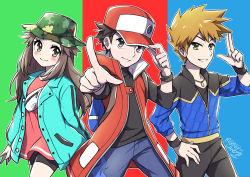 Rule 34 | 1girl, 2boys, adjusting clothes, adjusting headwear, blue oak, blue oak (sygna suit), blush, brown eyes, brown hair, camouflage, creatures (company), game freak, hat, highres, jacket, jewelry, leaf (pokemon), leaf (sygna suit) (pokemon), long hair, looking at viewer, mono land, multiple boys, necklace, nintendo, official alternate costume, pointing, pointing at viewer, pokemon, pokemon masters ex, red (pokemon), red (sygna suit) (pokemon), smile, spiked hair