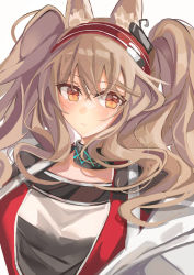 Rule 34 | 1girl, angelina (arknights), animal ears, arknights, bad id, bad twitter id, blush, brown hair, character name, closed mouth, collar, fox ears, hairband, infection monitor (arknights), jacket, long hair, looking at viewer, orange eyes, red jacket, sidelocks, solo, twintails, two-tone hairband, upper body, venn (vebonbon), very long hair