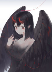 Rule 34 | 1girl, ano54, black hair, black wings, breasts, commentary request, facial mark, gradient background, grey background, hair between eyes, highres, horns, long hair, original, parted lips, red eyes, small breasts, solo, string, string of fate, white background, wings