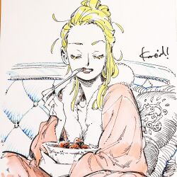 Rule 34 | 1girl, absurdres, blonde hair, closed eyes, colored eyelashes, commentary request, eating, emma (veil), food, fork, fruit, fur-trimmed robe, fur trim, hair bun, highres, holding, holding fork, kotteri, pink robe, robe, signature, sitting, solo, strawberry, veil (manga)