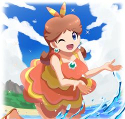 Rule 34 | 1girl, :d, absurdres, bare shoulders, beach, blue eyes, border, bow, brooch, brown hair, cloud, collarbone, dress swimsuit, earrings, flower earrings, hair bow, highres, jewelry, mario (series), mario kart, mario kart tour, mountain, nintendo, ocean, official alternate costume, one-piece swimsuit, one eye closed, open mouth, orange bow, orange footwear, orange one-piece swimsuit, outdoors, partially submerged, princess daisy, sandals, saon101, smile, solo, sparkle, splashing, swimsuit, two-tone swimsuit, water, white border, yellow bow, yellow footwear, yellow one-piece swimsuit