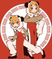 Rule 34 | 1boy, 1girl, 271rw, animal hood, blonde hair, blue eyes, blush stickers, chinese clothes, fighting stance, full body, hair ornament, hairclip, hands in opposite sleeves, hood, hood up, kagamine len, kagamine rin, kung fu, long sleeves, looking at viewer, open mouth, panda hood, pants, short hair, side slit, smile, standing, standing on one leg, thick eyebrows, vocaloid, yi er fan club (vocaloid)
