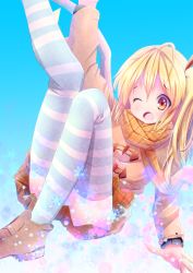 Rule 34 | 1girl, ;o, bad id, bad pixiv id, blonde hair, blush, chinomaron, coat, crystal, flandre scarlet, highres, one eye closed, open mouth, red eyes, scarf, short hair, side ponytail, skirt, snow, socks, solo, striped clothes, striped socks, striped thighhighs, thighhighs, touhou, wings, wink