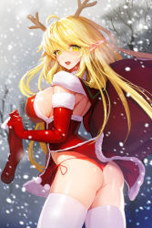 Rule 34 | 1girl, antlers, ass, blonde hair, blush, breasts, christmas, christmas elf, christmas stocking, covered erect nipples, elbow gloves, elf, female focus, gloves, highres, horns, large breasts, long hair, looking at viewer, looking back, official art, open mouth, panties, pantyshot, pointy ears, red gloves, red panties, side-tie panties, snow, snowball22, solo, sword girls, thighhighs, thong, underwear, white thighhighs, yellow eyes