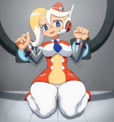 Rule 34 | 1girl, bdsm, blue eyes, bondage, bound, bound wrists, call (mighty no. 9), call e, dress, garrison cap, hat, headset, jadf, kneeling, long hair, mighty no. 9, multicolored hair, necktie, panties, panties under pantyhose, pantyhose, pantyshot, restrained, robot, short dress, side ponytail, solo, two-tone hair, underwear, uniform, white hair, white pantyhose, wide hips