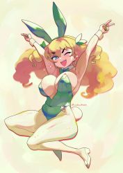 Rule 34 | 1girl, animal ears, armpits, arms up, bare shoulders, blonde hair, blue eyes, bow, bowtie, breasts, bright pupils, cleavage, covered erect nipples, covered navel, detached collar, double v, ear piercing, earrings, fake animal ears, fake tail, full body, green bow, green bowtie, green leotard, green nails, high heels, highres, jewelry, jumping, large breasts, leotard, long hair, looking at viewer, marielle (woofycakes), nail polish, one eye closed, open mouth, original, pantyhose, piercing, playboy bunny, plump, rabbit ears, rabbit tail, simple background, skindentation, smile, solo, sparkle, tail, thick thighs, thighs, tsurime, twitter username, two side up, v, white pantyhose, woofycakes, wrist cuffs