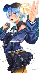 Rule 34 | 1girl, :d, absurdres, baseball cap, blue eyes, blue hair, earrings, foreshortening, hair ornament, hairclip, hat, highres, hololive, hoshimachi suisei, hoshimachi suisei (streetwear), jacket, jacket partially removed, jewelry, looking at viewer, looking to the side, microphone, nail polish, off shoulder, official alternate costume, official alternate hairstyle, open mouth, orange nails, orange pantyhose, pantyhose, raag jp, ribbon, ring, see-through, see-through sleeves, short hair, simple background, smile, solo, star (symbol), star in eye, symbol in eye, virtual youtuber, white background